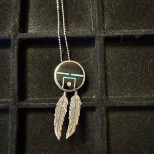 Native American Kachina Onyx Turquoise inlay feather necklace